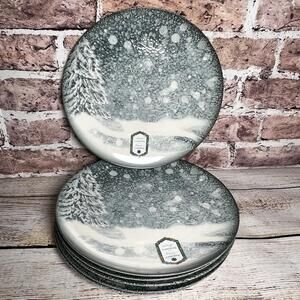 8x Intesa Home Holiday Snow Christmas Tree Green Blue Dinner Plates 10.5”Free Sh